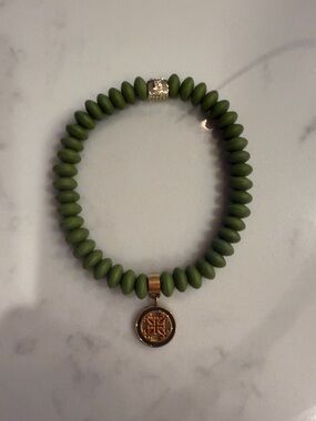 Olive Green Beaded Charm Bracelet - Rustic Cuff